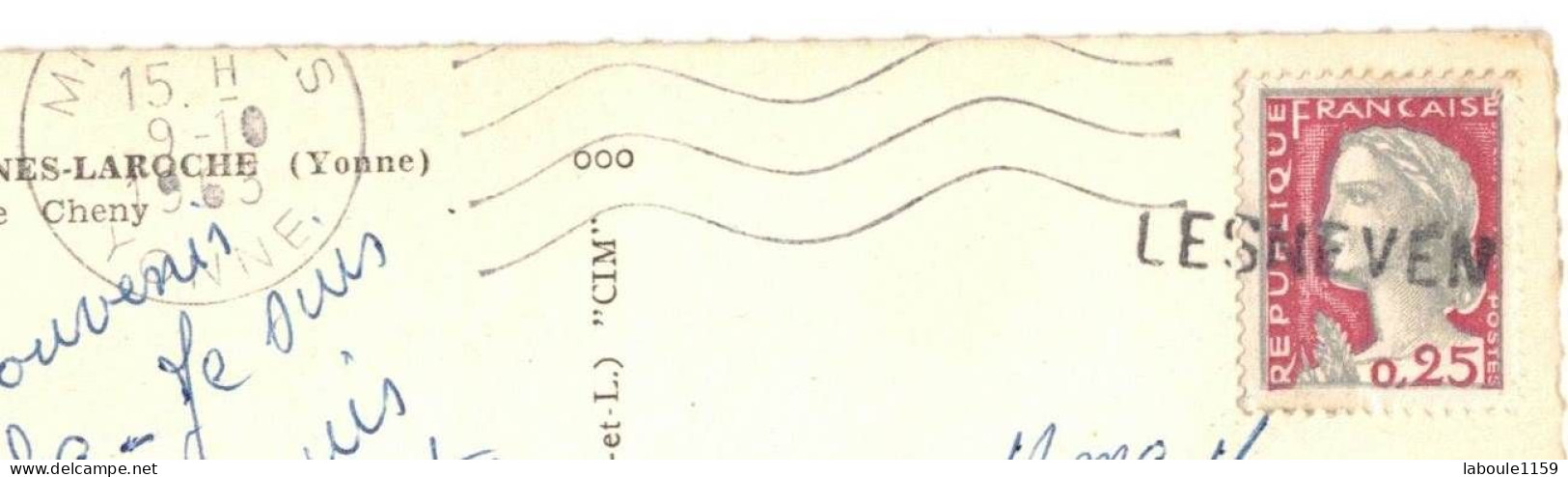 SUR CPSM PF MIGENNES LAROCHE YONNE VERS FINISTERE GRIFFE LINEAIRE POSTALE LESNEVEN SUR TIMBRE MARIANNE DE DECARIS - Manual Postmarks