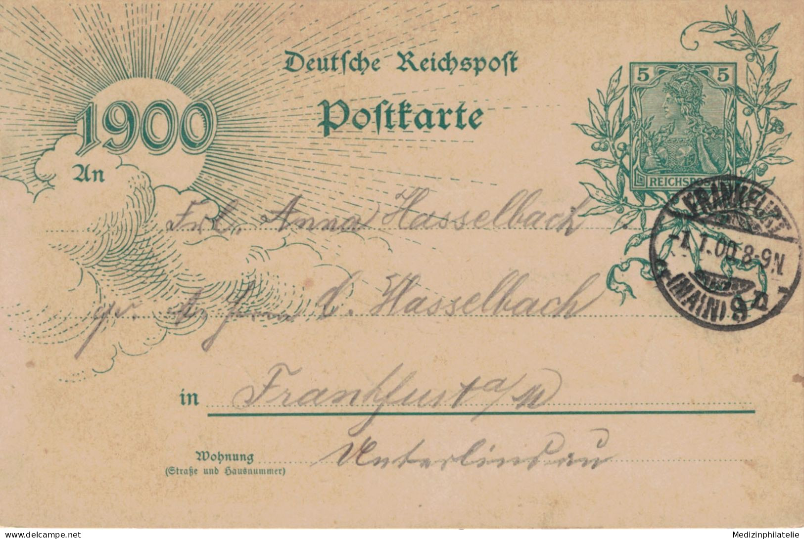 Ganzsache 5 Pfennig Jubiläumskarte 1900 - Ortskarte Frankfurt Main 1.1.1900 - Briefkaarten