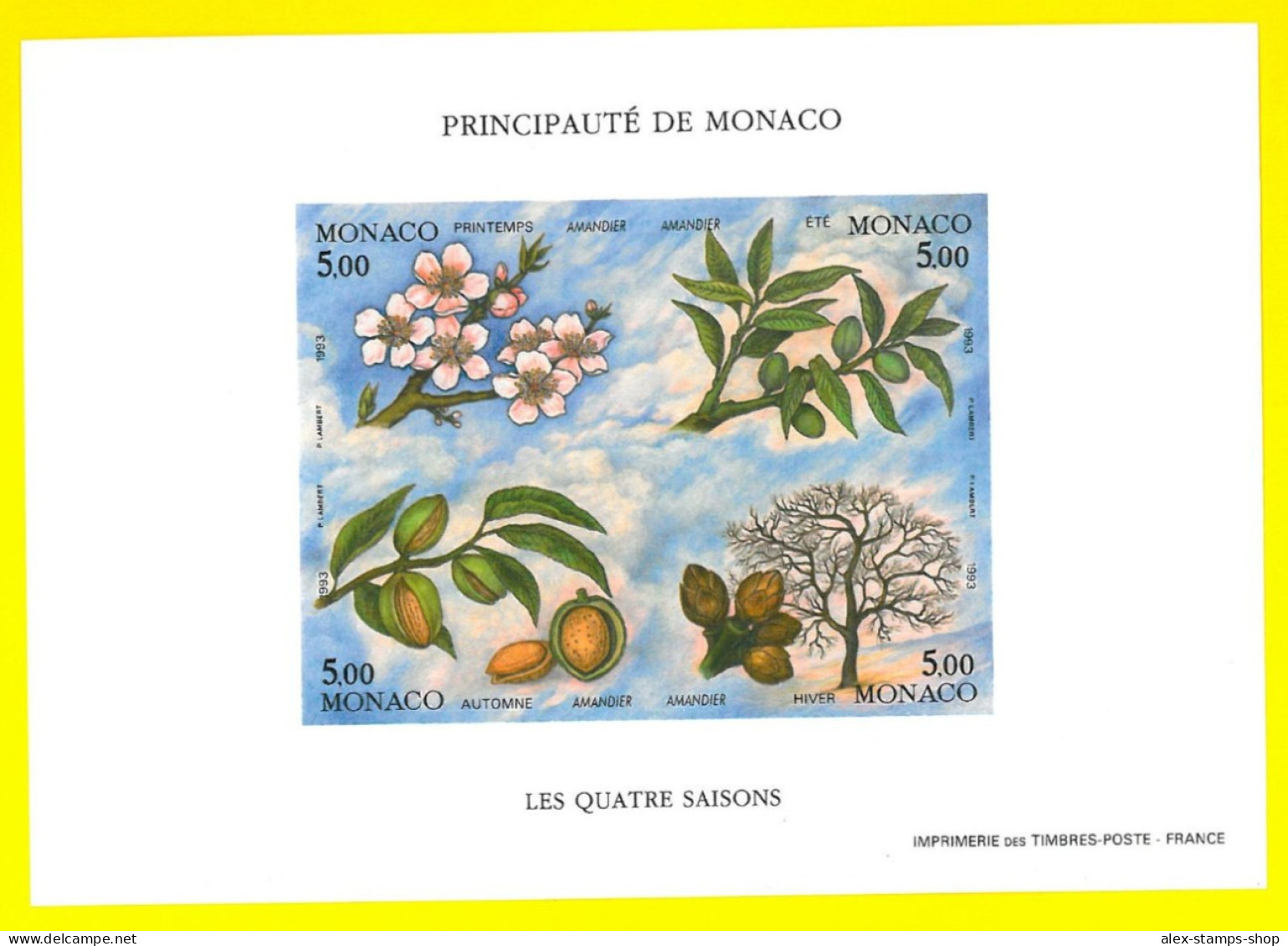 MONACO 1993 Sheet Flowers Almond Tree Four Seasons INPERFORATE - Yv 60a RARE - Unused Stamps