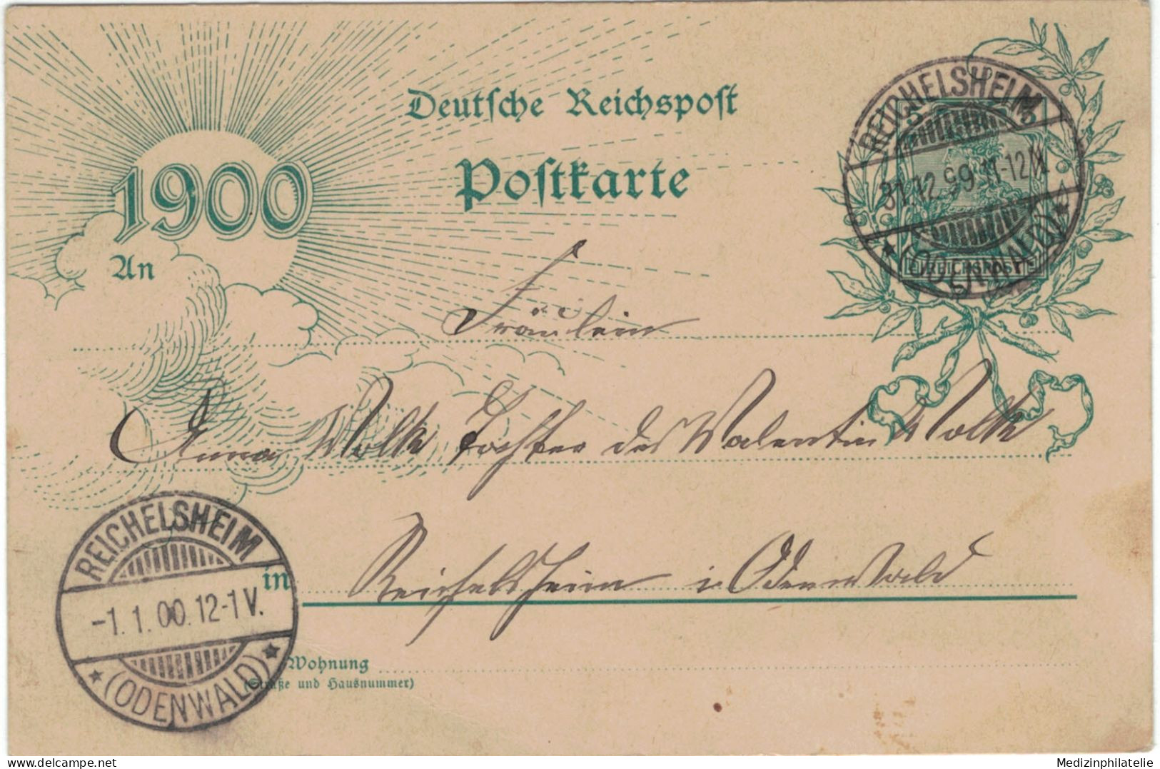 Ganzsache 5 Pfennig Jubiläumskarte 1900 - Reichelsheim Odenwald 31.12.1999 > 1.1.1900 Ortskarte - Postkarten