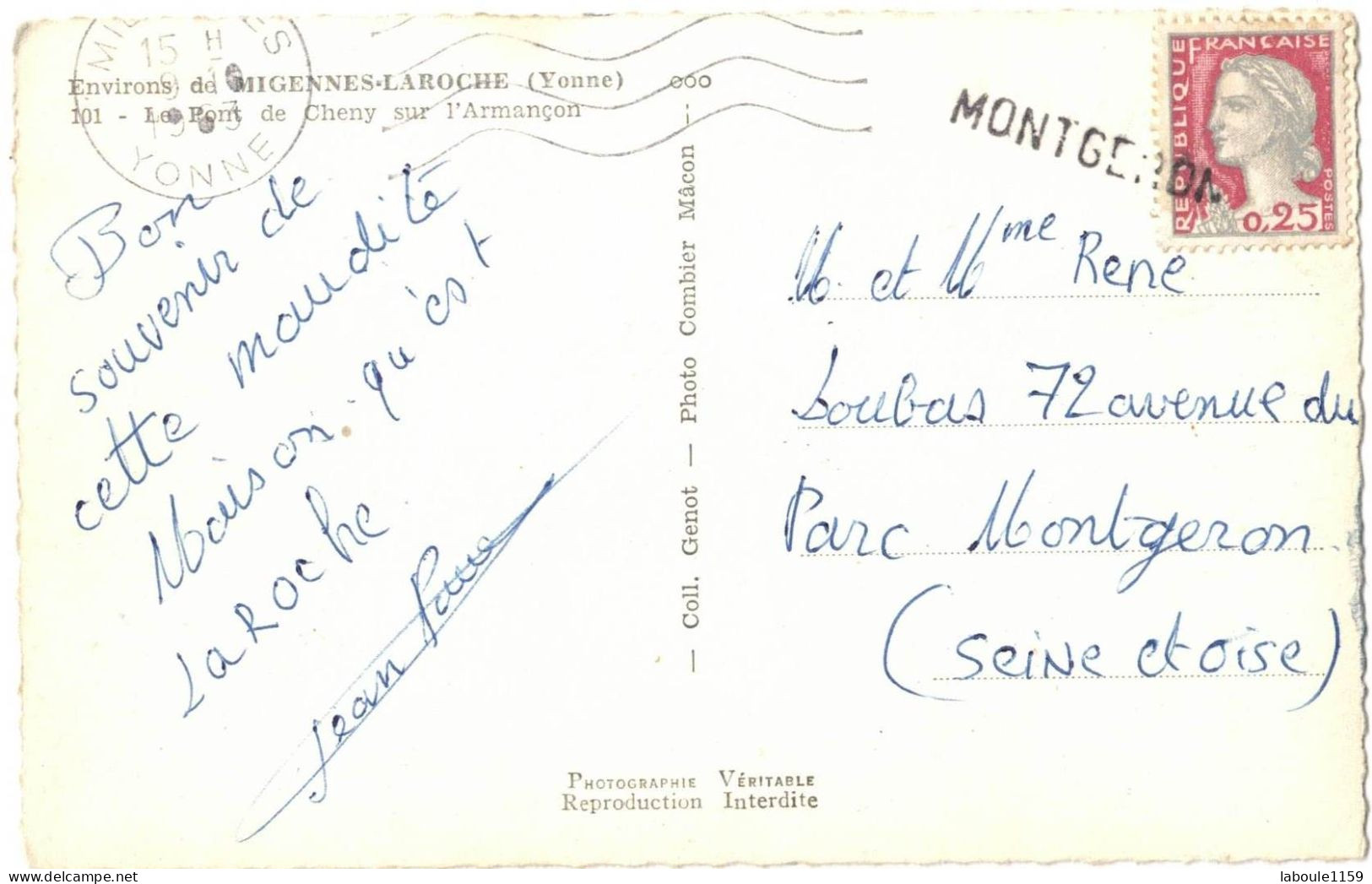 SUR CPSM PF MIGENNES LAROCHE YONNE VERS SEINE ET OISE GRIFFE LINEAIRE POSTALE MONTGERON SUR TIMBRE MARIANNE DE DECARIS - Handstempel