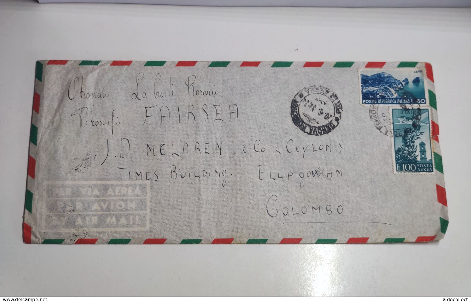 Lettera Via Aerea Da Genova Per Colombo Ceylon Del 1954 - Poste Aérienne