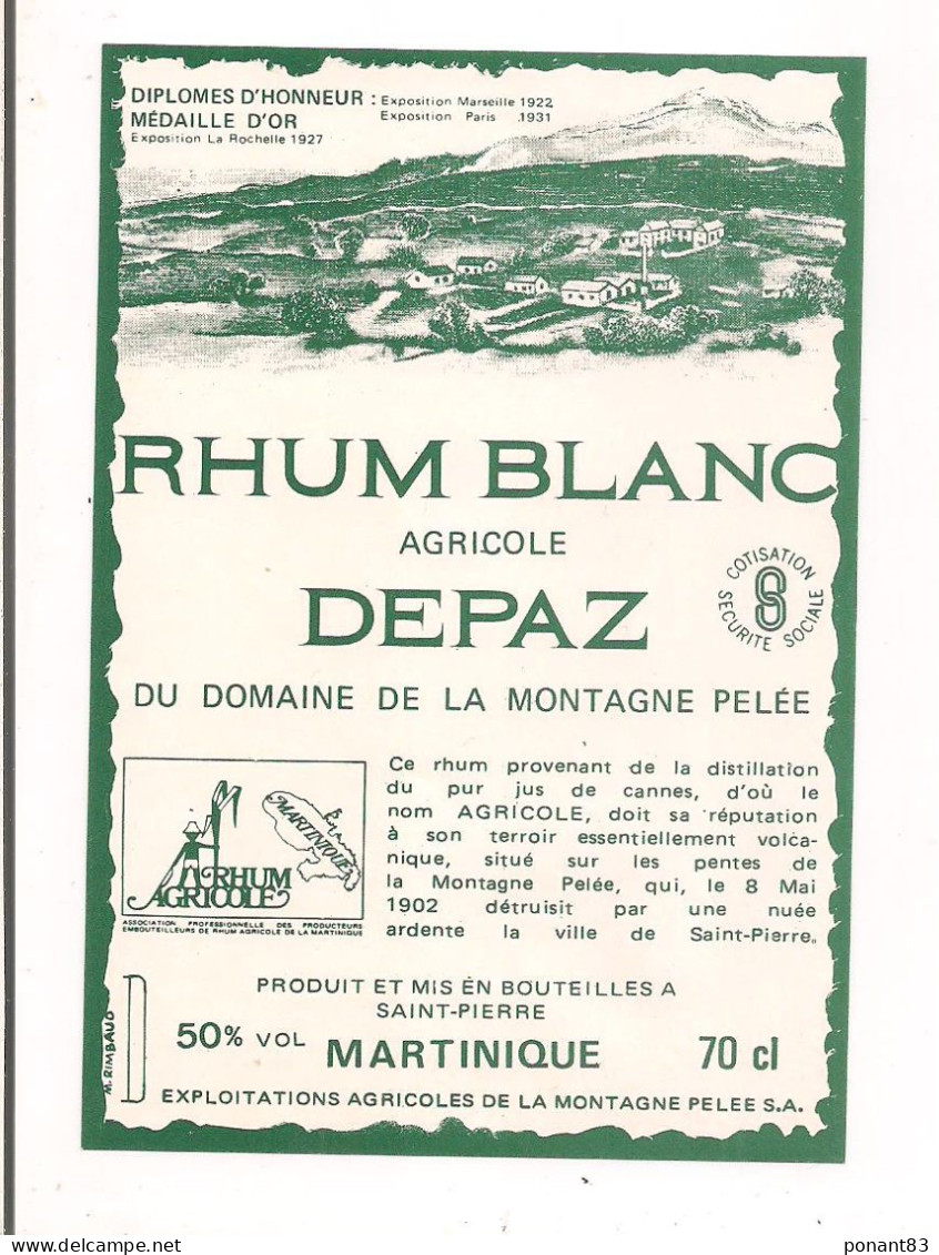 Etiquette Rhum Blanc  Agricole DEPAZ Du Domaine De La Montagne Pelée - 50% 70cl - MARTINIQUE - - Rhum