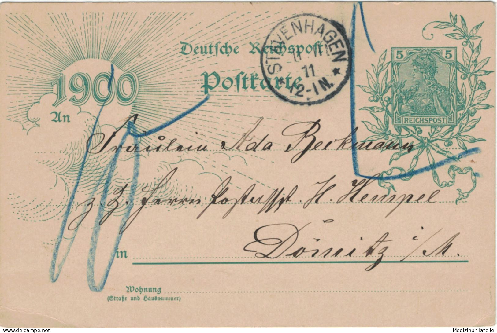 Ganzsache 5 Pfennig Jubiläumskarte 1900 - Berkmann Stavenhagen 11.11.11 Schnapszahl Taxe - Cartes Postales
