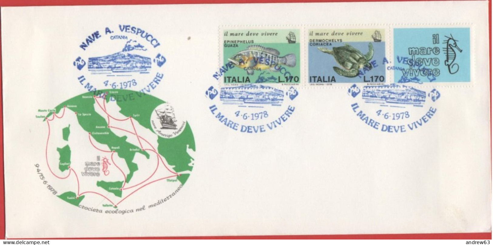 ITALIA - ITALIE - ITALY - 1978 - 170 Salvaguardia Del Mare, Cernia + 170 Tartaruga + Annullo Nave A. Vespucci, Catania - 1971-80: Poststempel