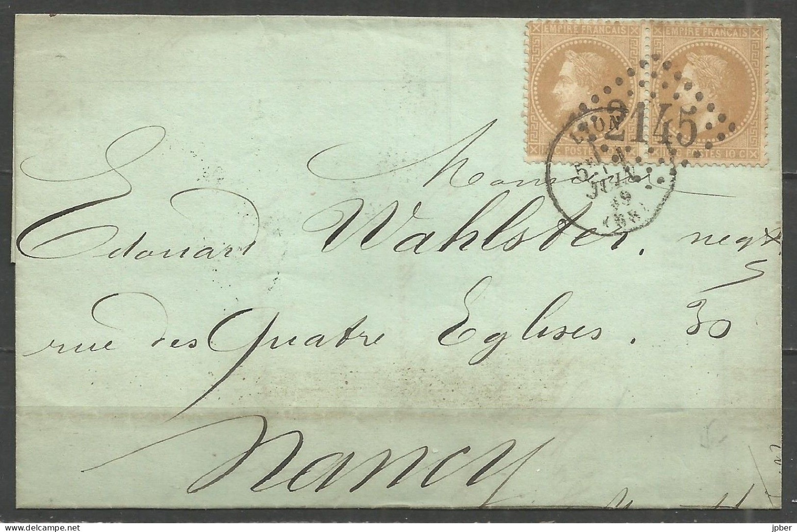 France - LYON - Càd Type 16 Du 1/6/66 + LP GC 2145 Sur Lettre Vers Nancy - Paire N°28 A - 1863-1870 Napoléon III Lauré