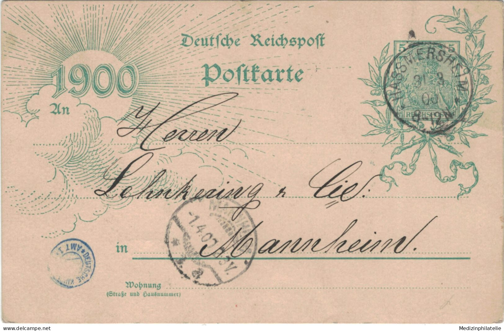 Ganzsache 5 Pfennig Jubiläumskarte 1900 - Hassmersheim > Lehnkering & Cie Mannheim - Postkarten