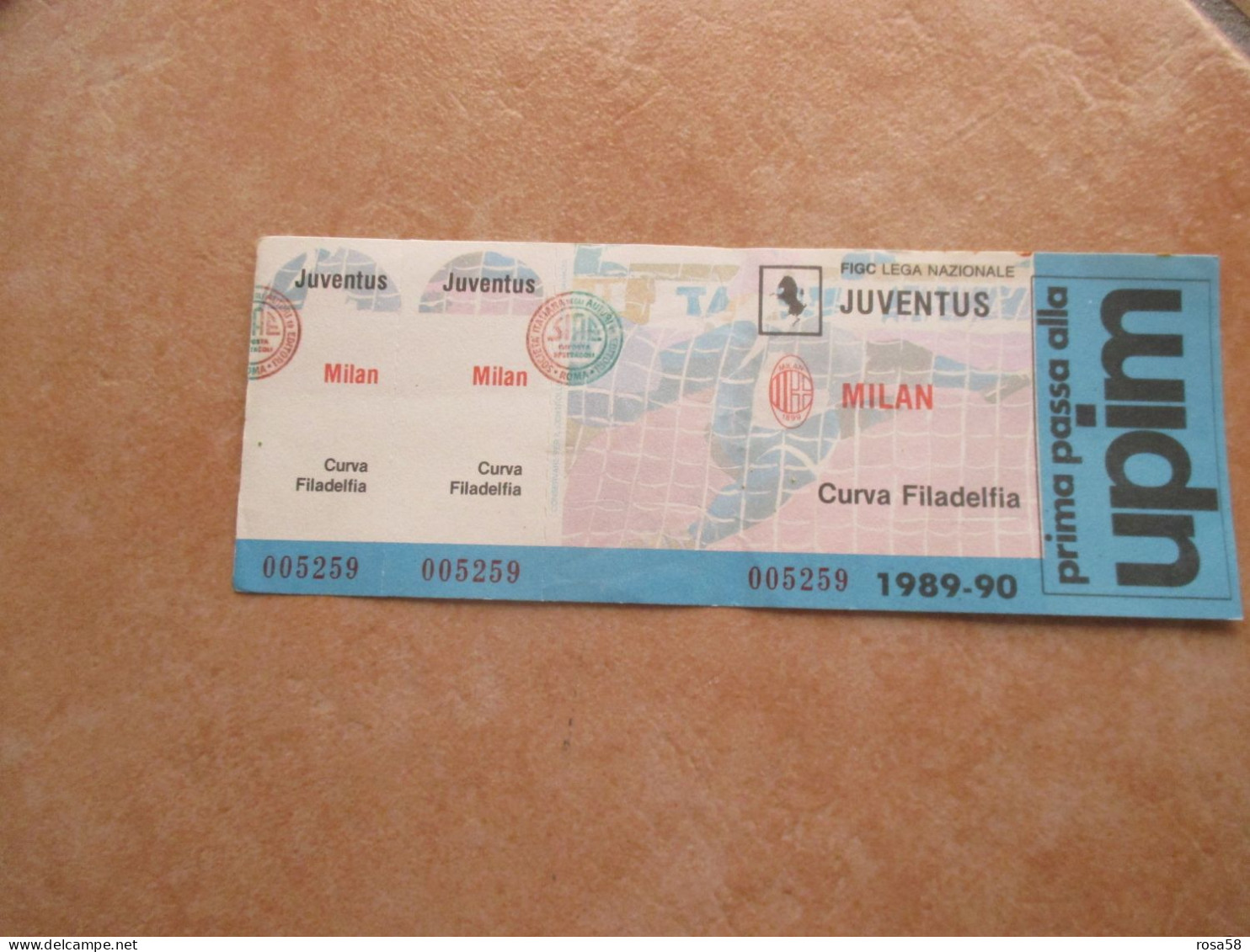 CALCIO Soccer Biglietto Ingresso JUVENTUS Milan Curva Filadelfia Campionato 1989 1990 Sponsor UPIM - Tickets - Vouchers