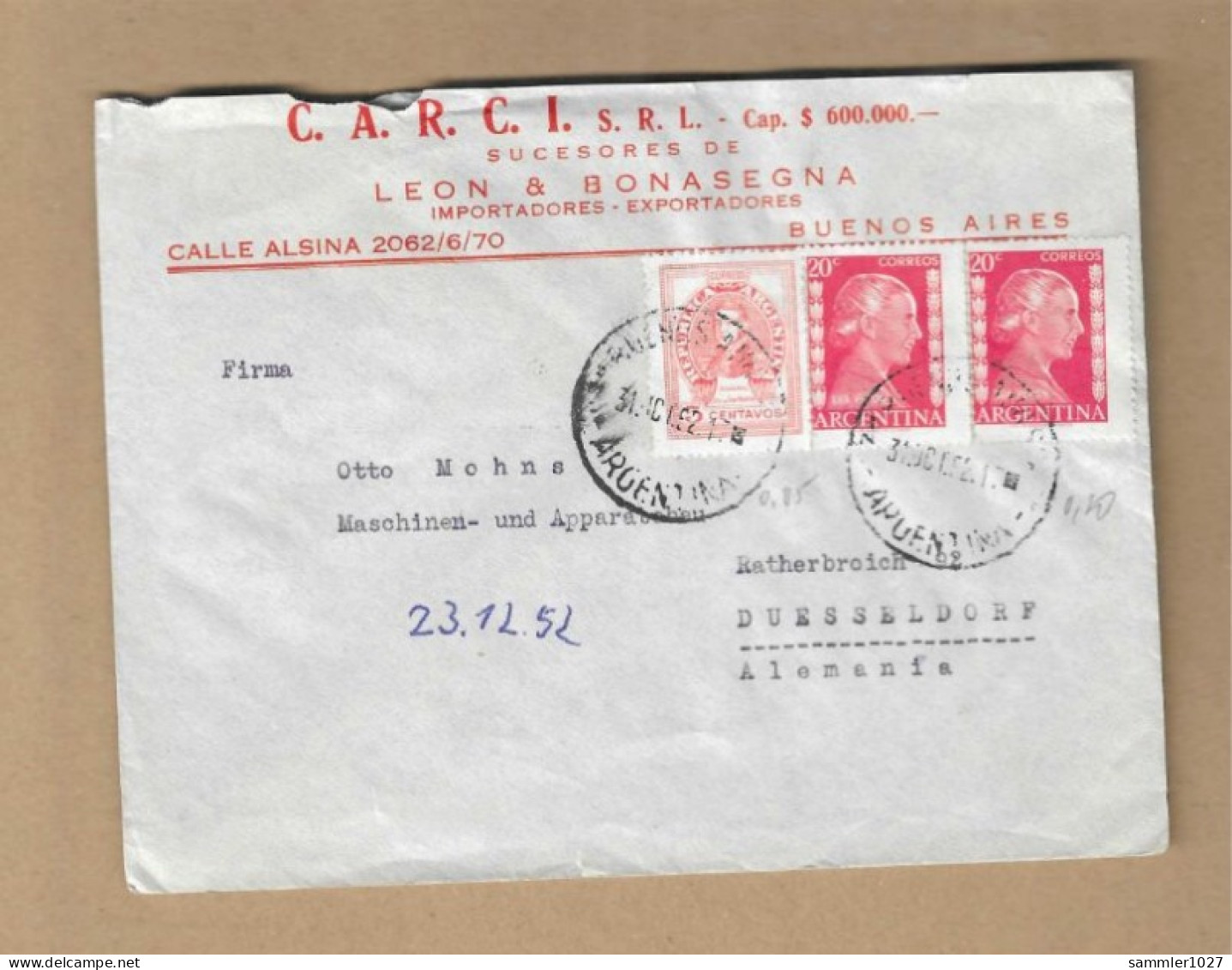 Los Vom 12.05  Briefumschlag Aus Argentinien Nach Düsseldorf 1952 - Covers & Documents