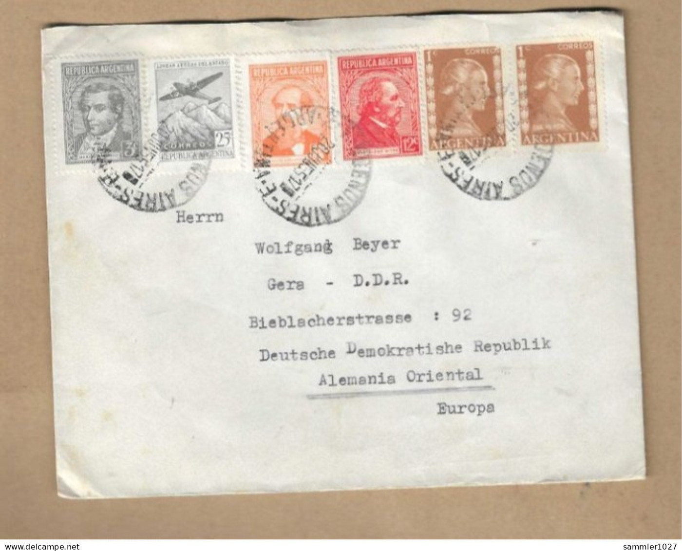 Los Vom 12.05  Briefumschlag Aus Argentinien Nach Gera 1955 - Brieven En Documenten