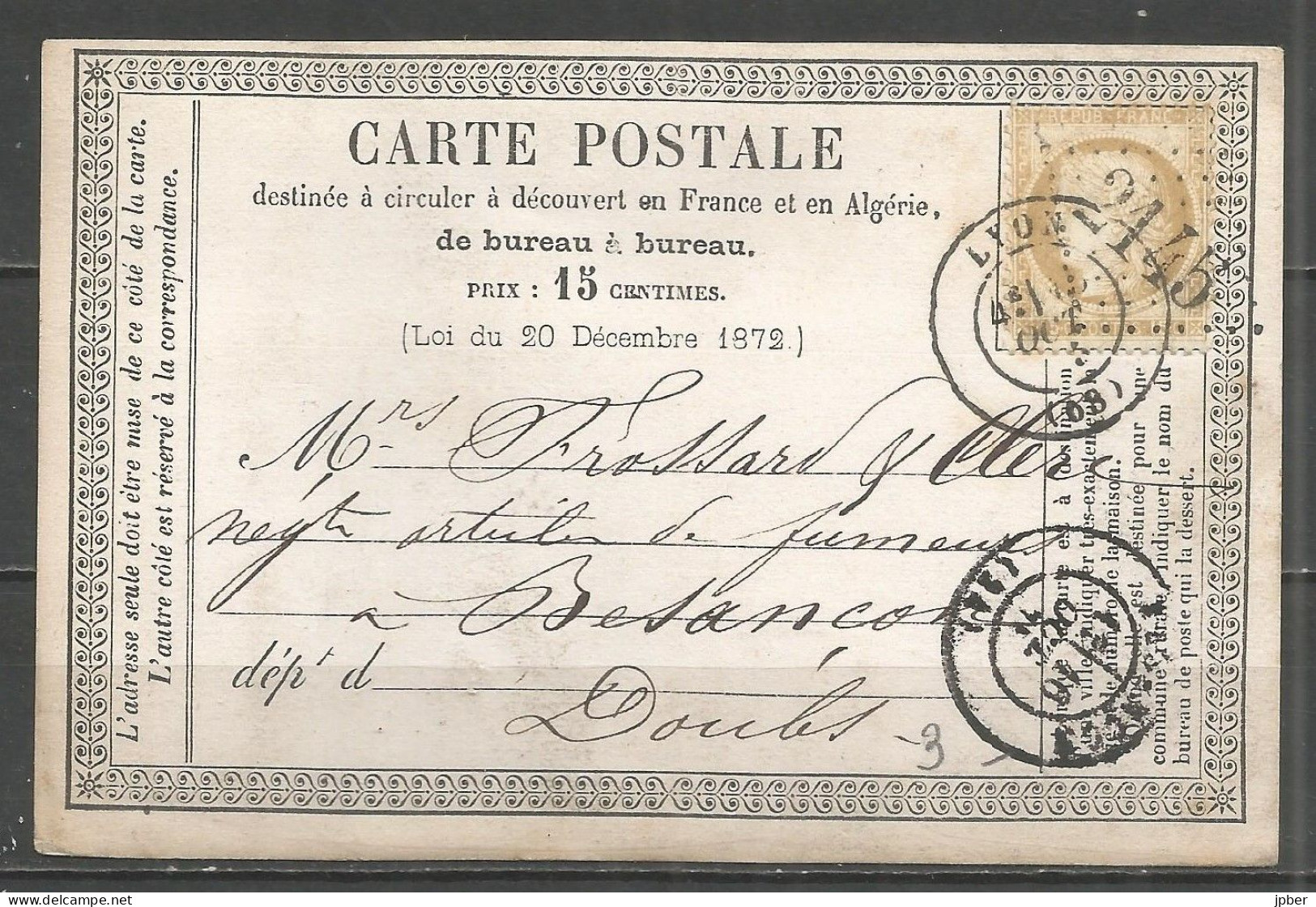 France - LYON - Càd Type 17 Du 15/10/75 + LP GC 2145 Sur CP Vers Besançon (Douds) - Timbre N°55 - 1871-1875 Cérès