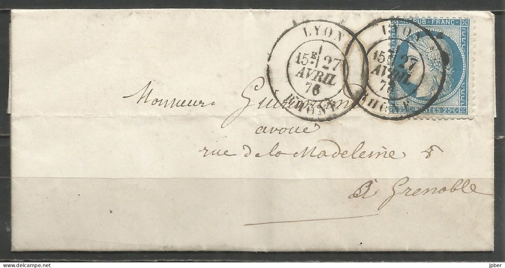 France - LYON - Càd Type 17bis Du 27/4/76 Sur Lettre Vers GRENOBLE - Timbre N°60C - 1871-1875 Cérès