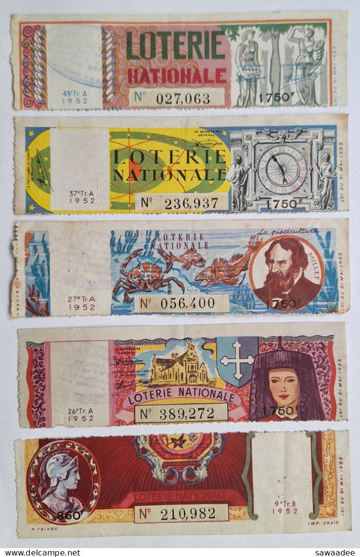 BILLET DE LOTERIE - FRANCE - LOT DE 14 - 1951/1952 Et 1953 - LOTERIE NATIONALE - DIVERS - Lottery Tickets