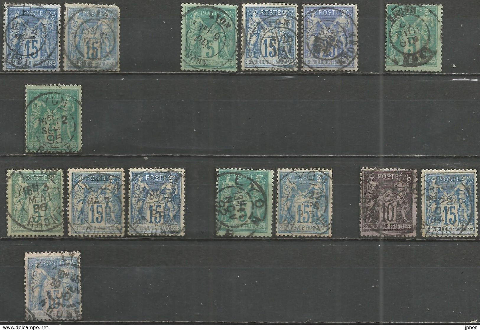 France - LYON - 15 Timbres Type Sage Avec Les Différents Cachets Du Bureau Central Type 17, 17bis, A1, A2 Et A2bis - 1876-1898 Sage (Type II)