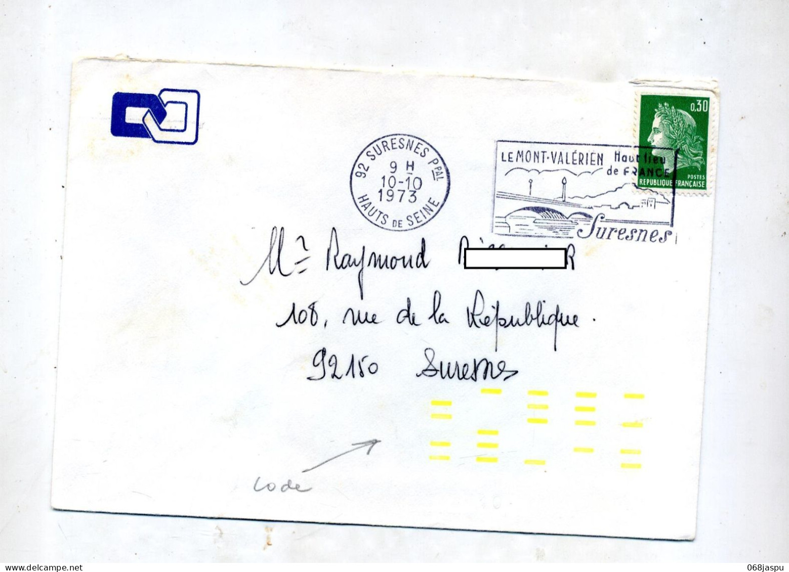 Lettre Flamme Suresnes Mont Valerien Index Jaune Tri - Maschinenstempel (Werbestempel)