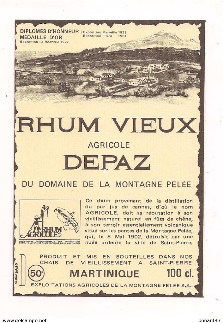 Etiquette Rhum Vieux  Agricole DEPAZ Du Domaine De La Montagne Pelée - 50% 100cl - MARTINIQUE - - Rum