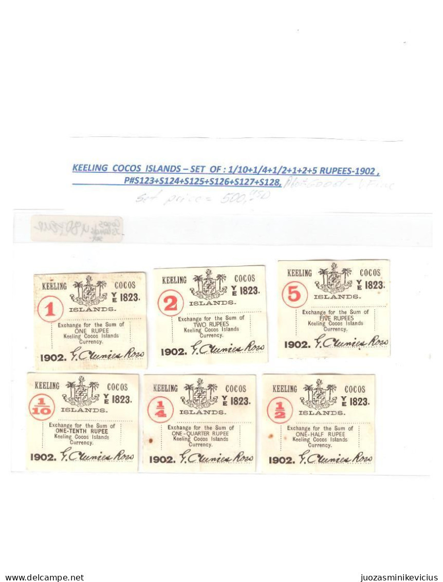 COCOS  KEELING  ISLANDS SET OF : 1/10+1/14+1/2+1+2+5 RUPEES-1902, P #S123-S128.  ABOUT  GOOD . - Sonstige – Asien