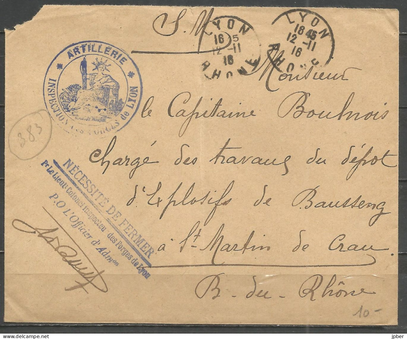 France - LYON - Càd Du 12/11/16 "LYON RHONE" Sur Lettre Envoyée En Franchise - Correspondance Militaire - Covers & Documents