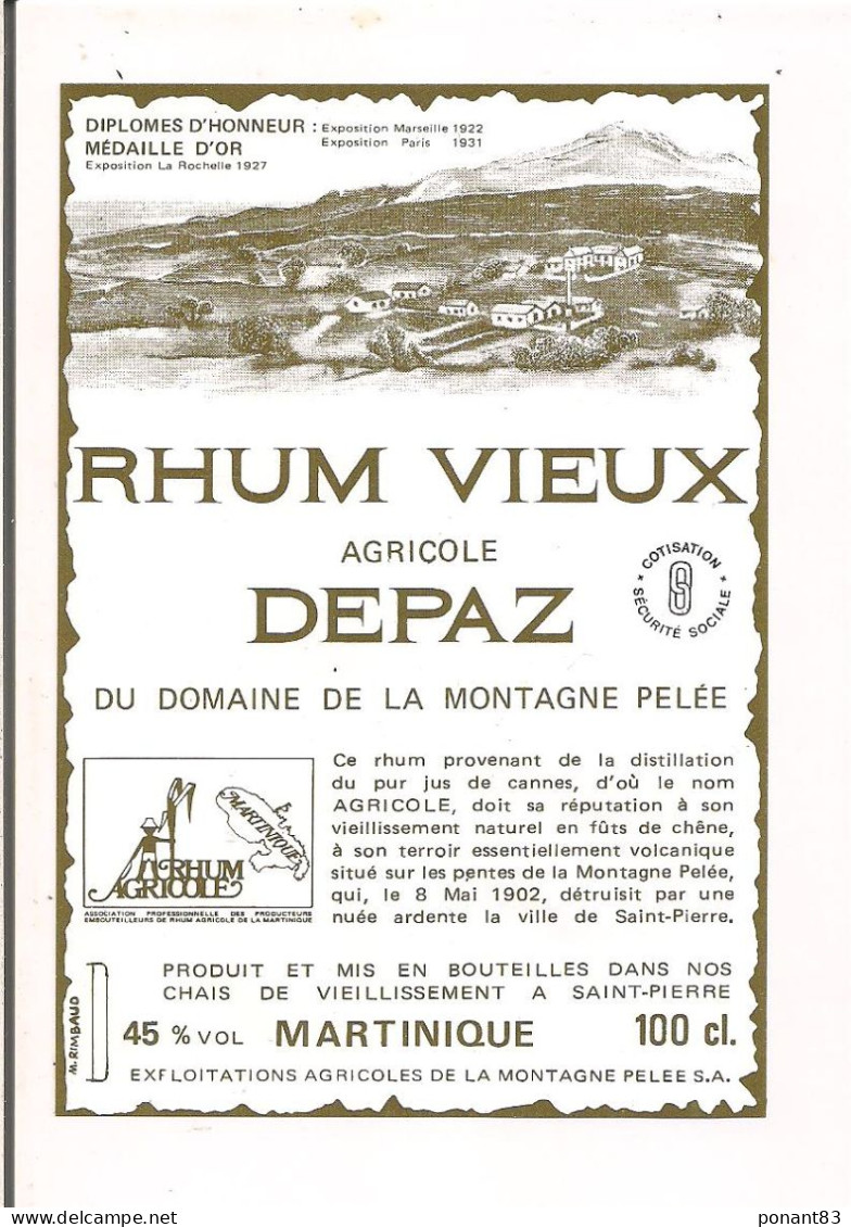 Etiquette Rhum Vieux  Agricole DEPAZ Du Domaine De La Montagne Pelée - 45% 100cl - MARTINIQUE - - Rhum