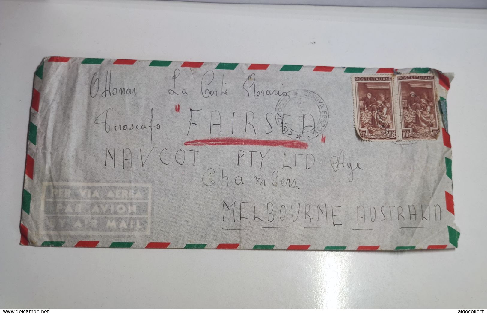 Lettera Via Aerea Da Genova Per Melbourne Australia Del 1954 - Poste Aérienne