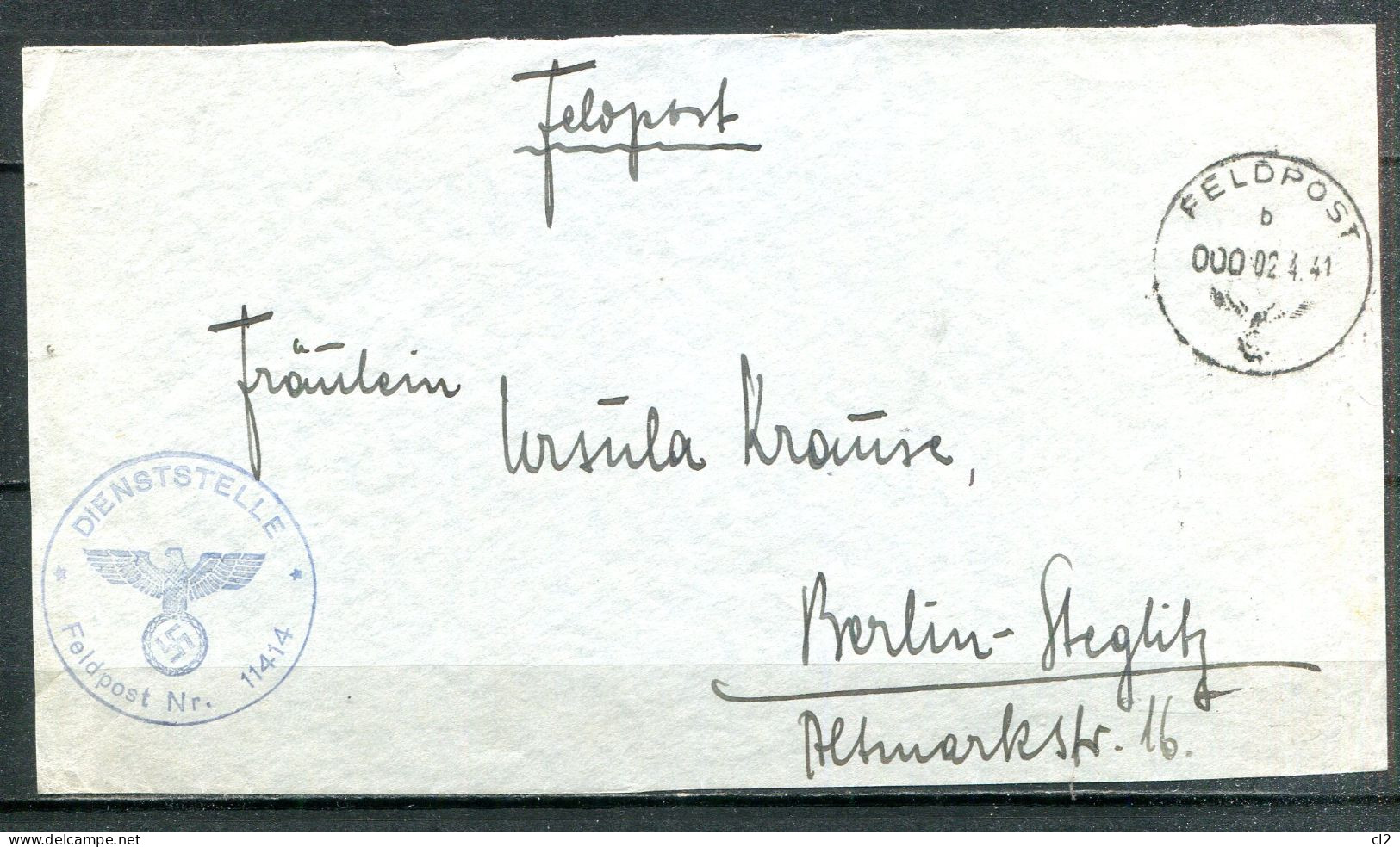 ALLEMAGNE - 02.4.41 - Feldpost Nummer 11414 Nach Berlin (devant De Lettre) - Feldpost World War II