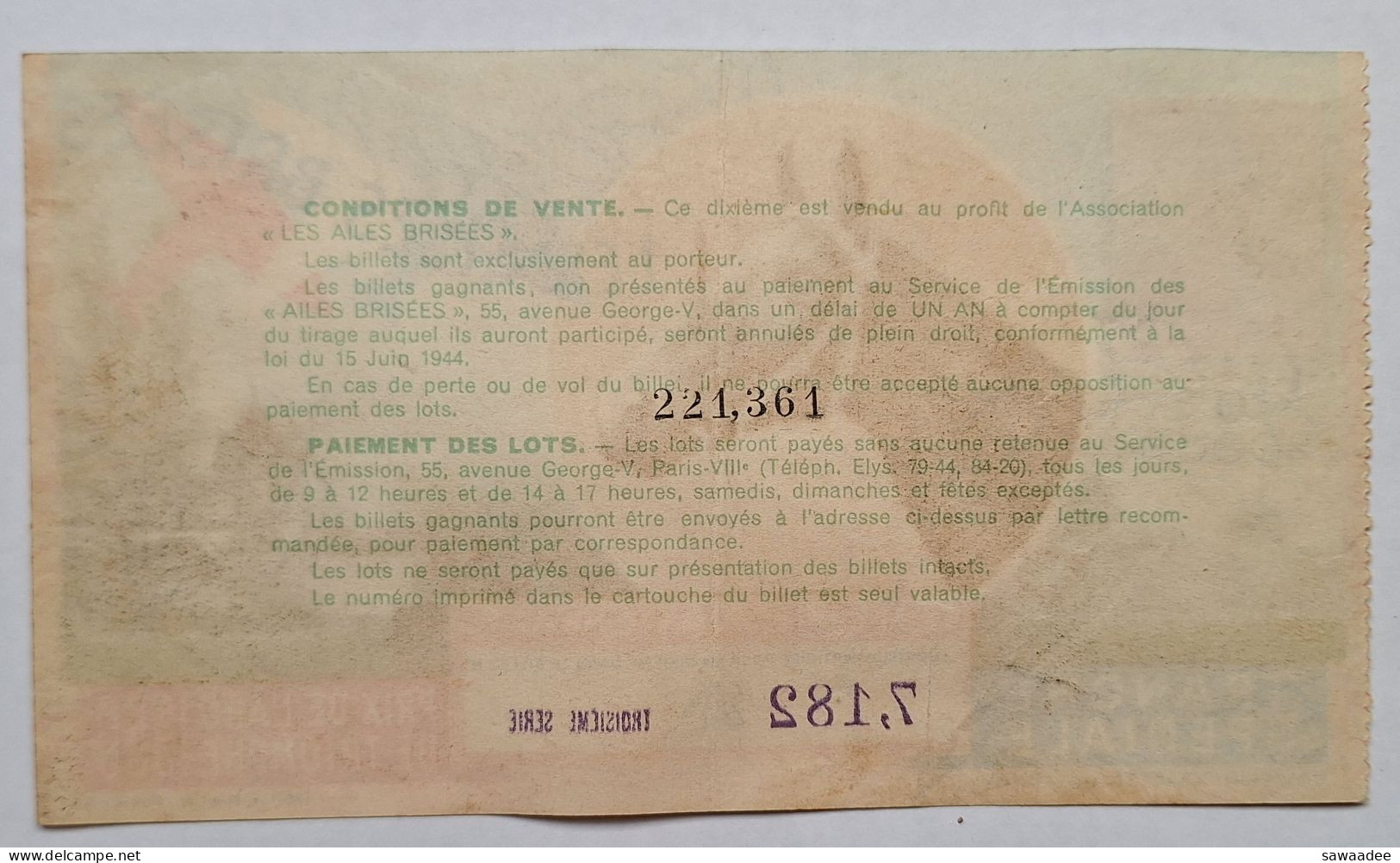 BILLET DE LOTERIE NATIONALE - FRANCE- LES AILES BRISEES - TRANCHE SPECIALE PRIX DE L'ARC DE TRIOMPHE -1950 - CHEVAL - Biglietti Della Lotteria