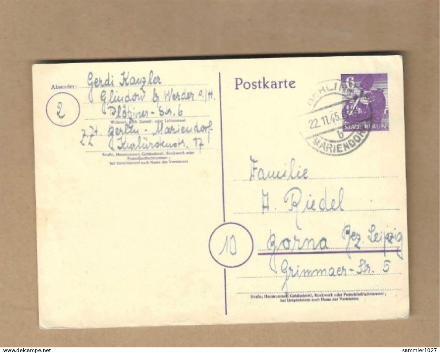 Los Vom 12.05  Ganzsache-Postkarte Aus Berlin Nach Borna 1945 - Entiers Postaux
