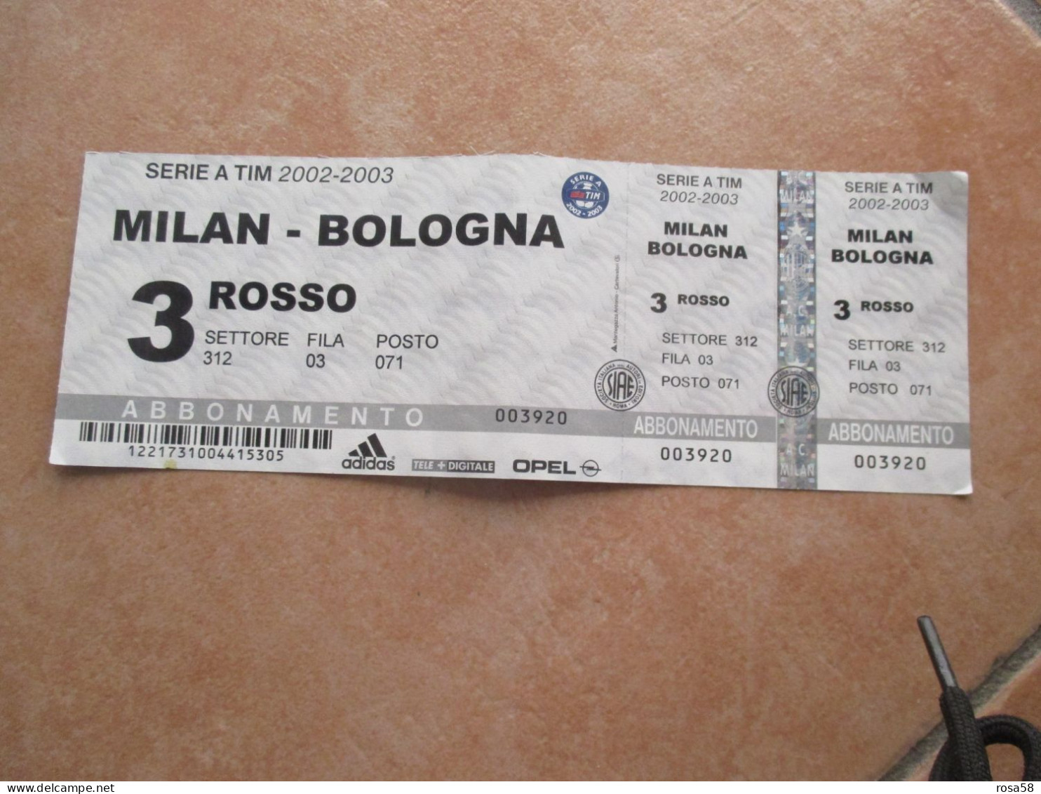 CALCIO Soccer Biglietto Ingresso  MILAN BOLOGNA 3 ROSSO Serie A TIM 2002 2003 Abbonamento - Biglietti D'ingresso