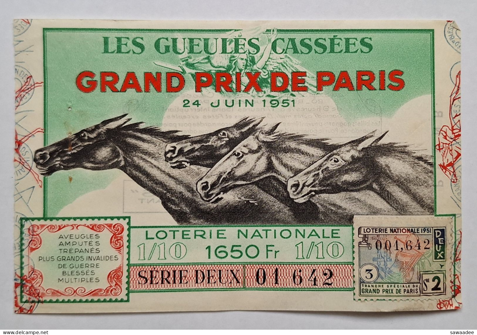 BILLET DE LOTERIE NATIONALE - FRANCE - LES GUEULES CASSEES - GRAND PRIX DE PARIS - 1951 - CHEVAL - HIPPISME - Billets De Loterie