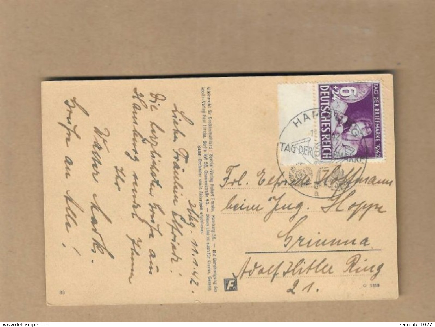 Los Vom 12.05  Liederkarte Aus Hamburg 1942 - Lettres & Documents