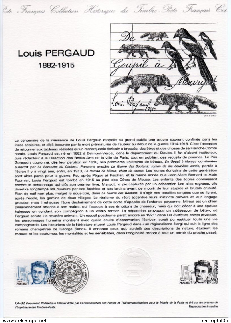 - Document Premier Jour LOUIS PERGAUD (1882-1915) - BELMONT - VERCEL VILLEDIEU LE CAMP 23.1.1982 - - Escritores