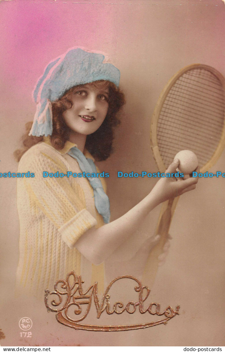 R094975 St. Nicolas. Woman And Tennis Racquet - World