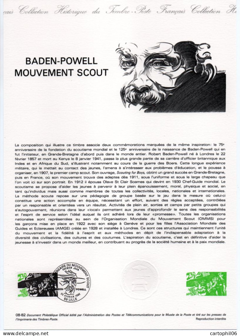 - Document Premier Jour BADEN-POWELL - MOUVEMENT SCOUT - LILLE 20.2.1982 - - Cartas & Documentos