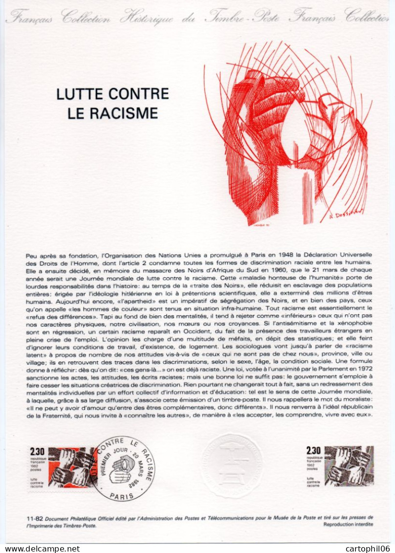 - Document Premier Jour LA LUTTE CONTRE LE RACISME - PARIS 20.3.1982 - - Documents De La Poste
