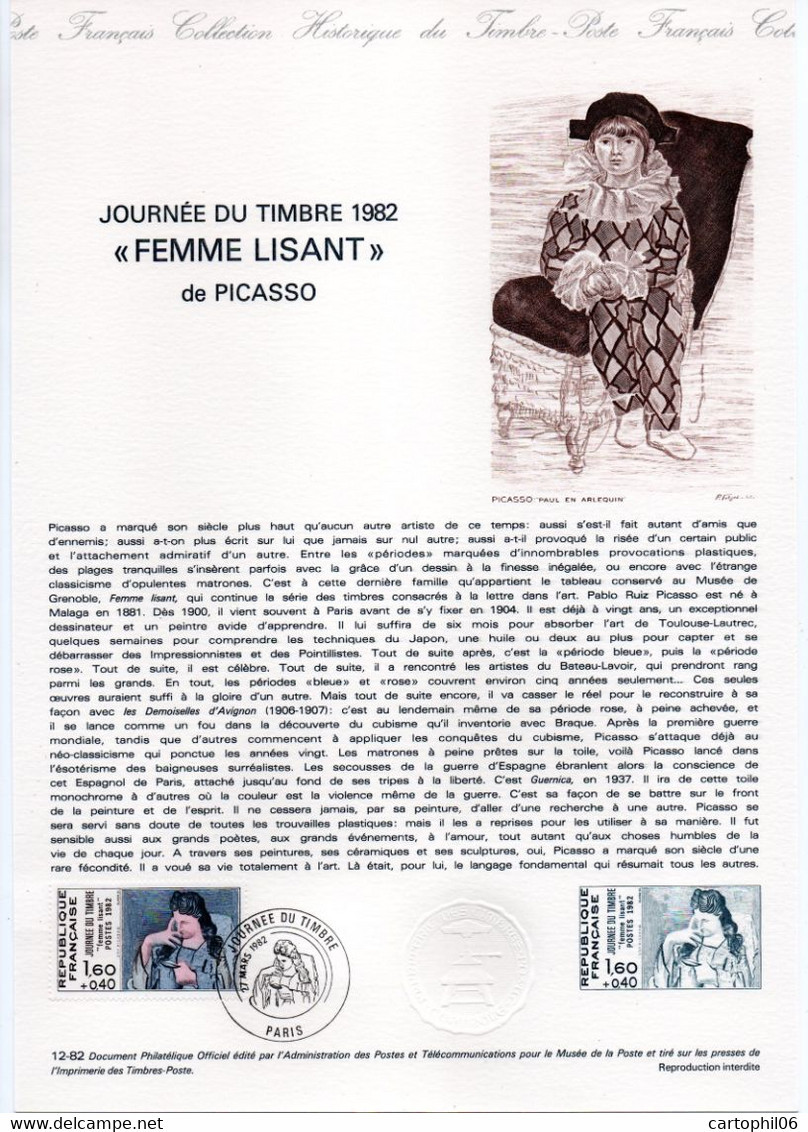 - Document Premier Jour PICASSO : FEMME LISANT - JOURNÉE DU TIMBRE - PARIS 27.3.1982 - - Picasso