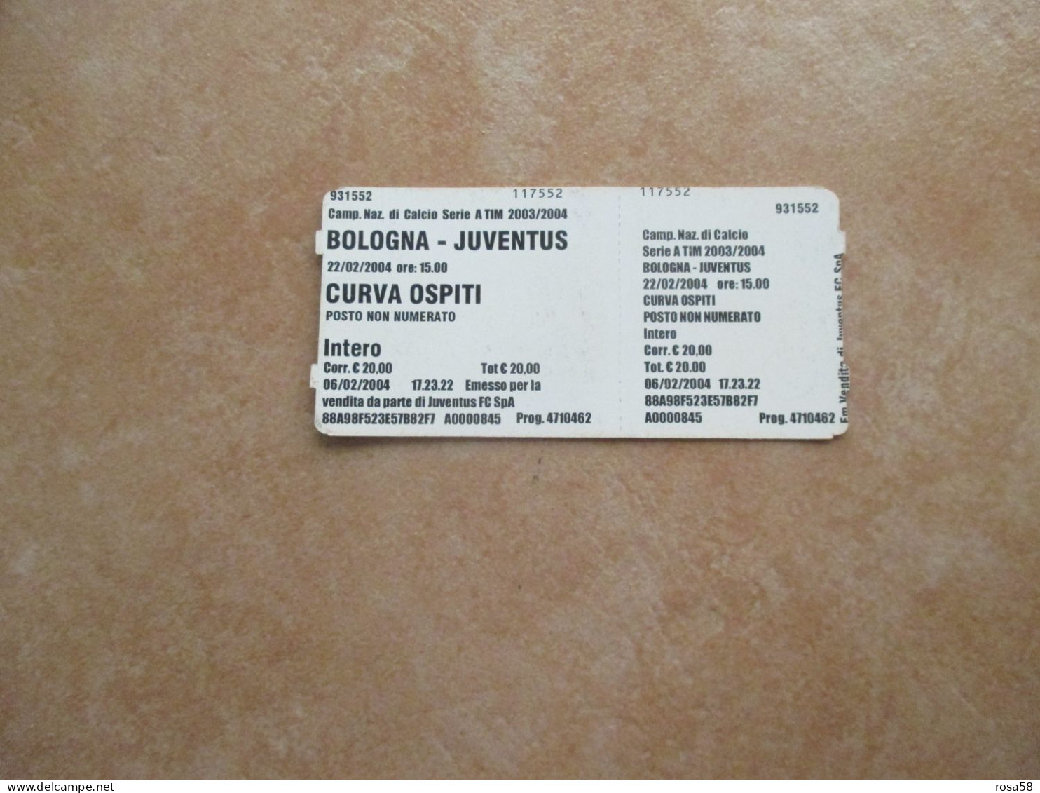 CALCIO Soccer Biglietto Ingresso BOLOGNA JUVENTUS Curva Ospiti Serie A TIM 2003 2004 - Tickets - Vouchers