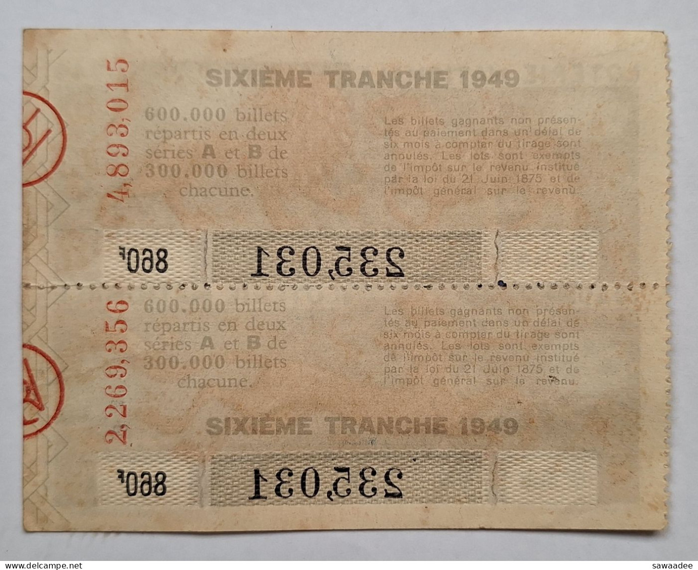 BILLET DE LOTERIE NATIONALE - FRANCE - 1949 - SIGNES DU ZODIAQUE - BELIER / LION : SAGITTAIRE - Lottery Tickets