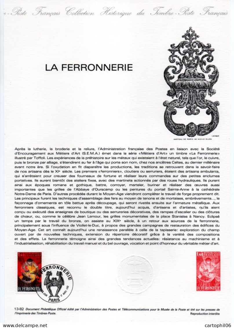 - Document Premier Jour LA FERRONNERIE - PARIS 17.4.1982 - - Beeldhouwkunst