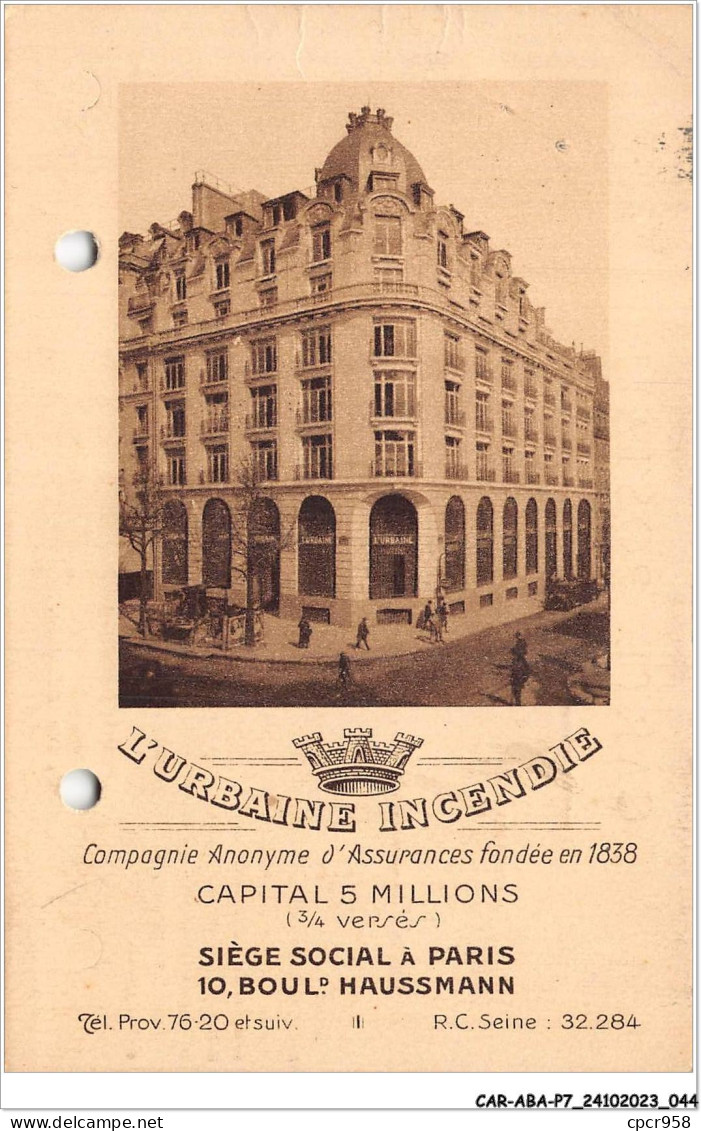 CAR-ABAP7-75-0621 - L'URBAINE INCENDIE - Compagnie Anonyme D'assurances Fondée En 1838 - Autres & Non Classés