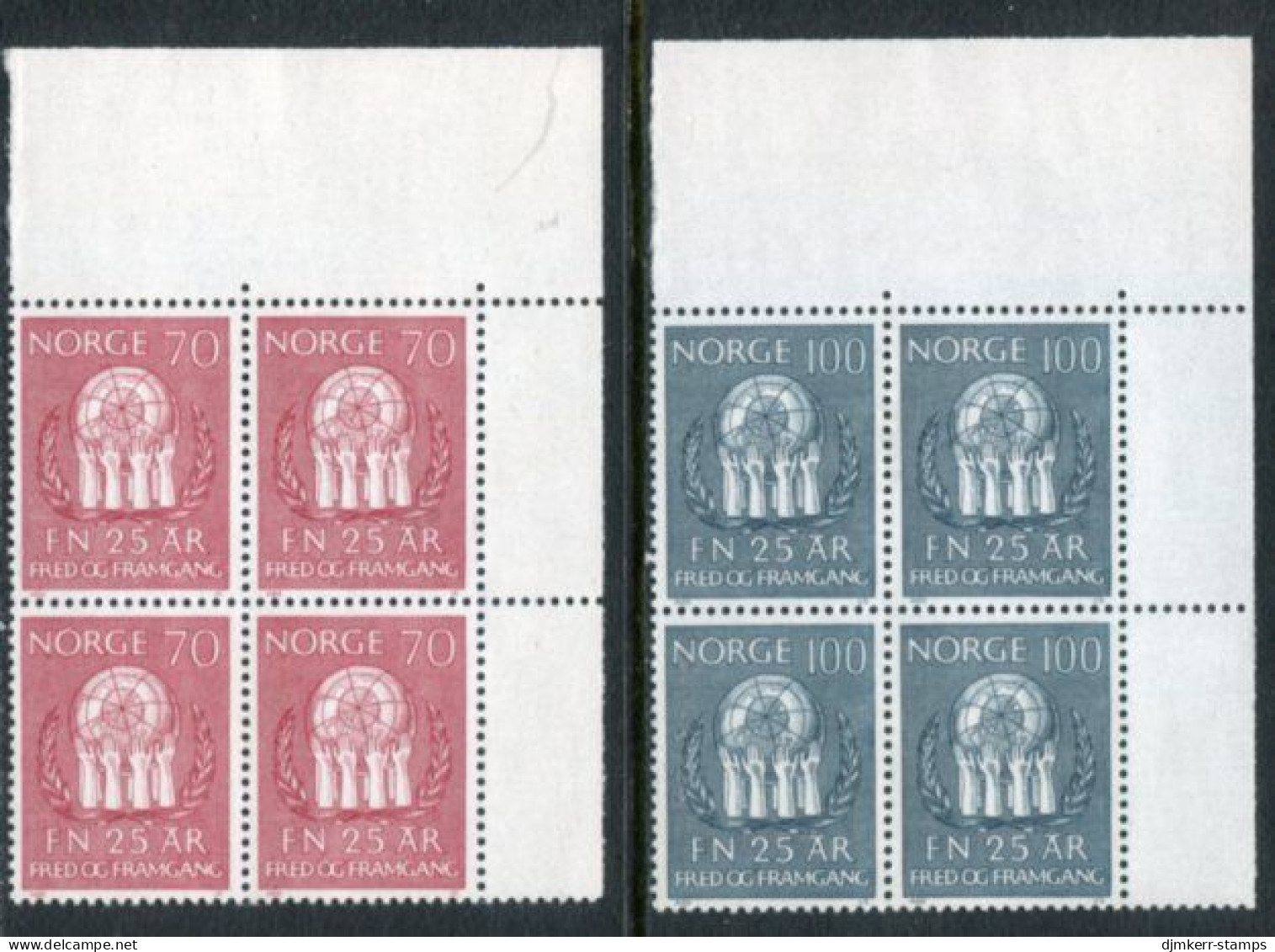 NORWAY 1970 UNO 25th Anniversary Blocks Of 4 MNH / **.  Michel 611-12 - Unused Stamps