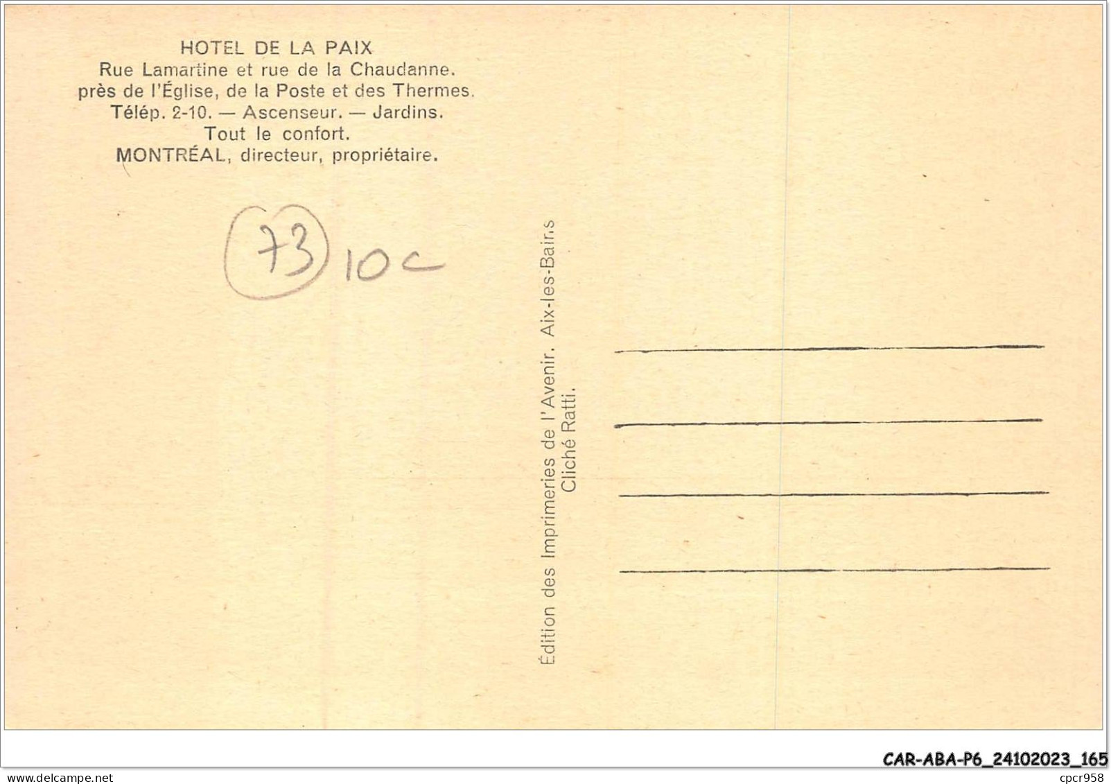 CAR-ABAP6-73-0580 - AIX-LES-BAINS - Hôtel De La Paix - Aix Les Bains