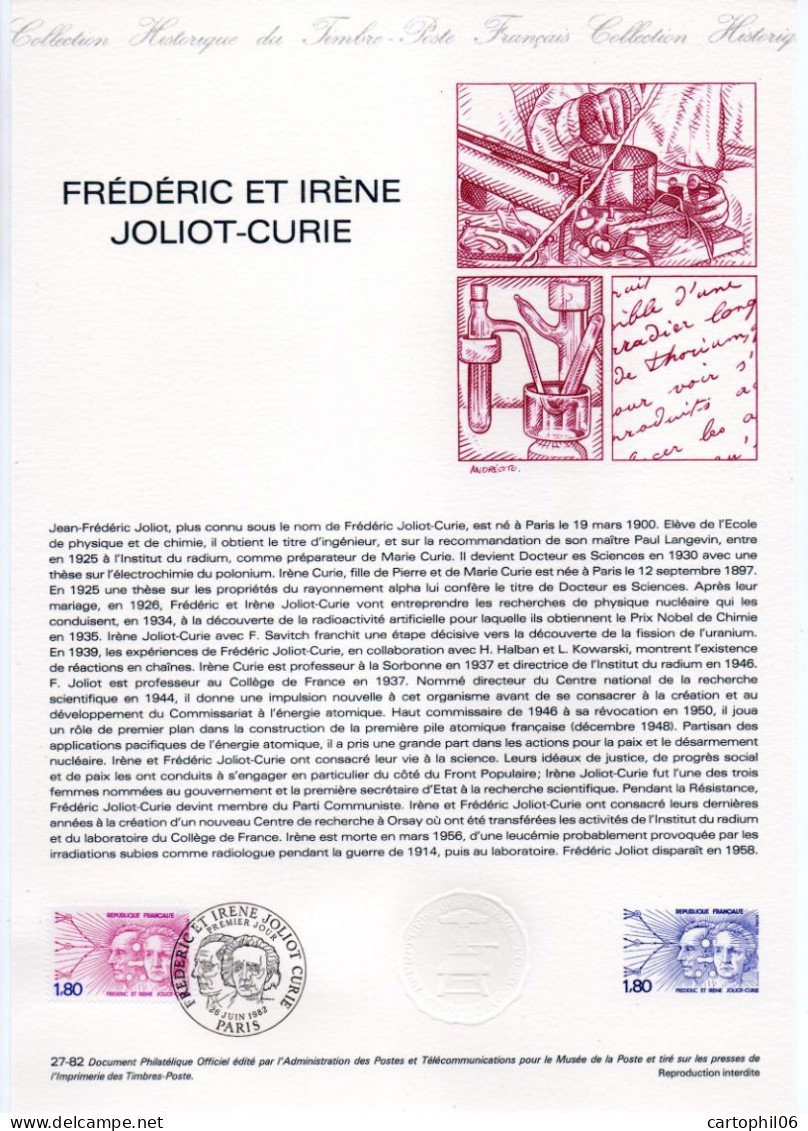 - Document Premier Jour FRÉDÉRIC ET IRÈNE JOLIOT-CURIE - PARIS 26.6.1982 - - Sonstige & Ohne Zuordnung