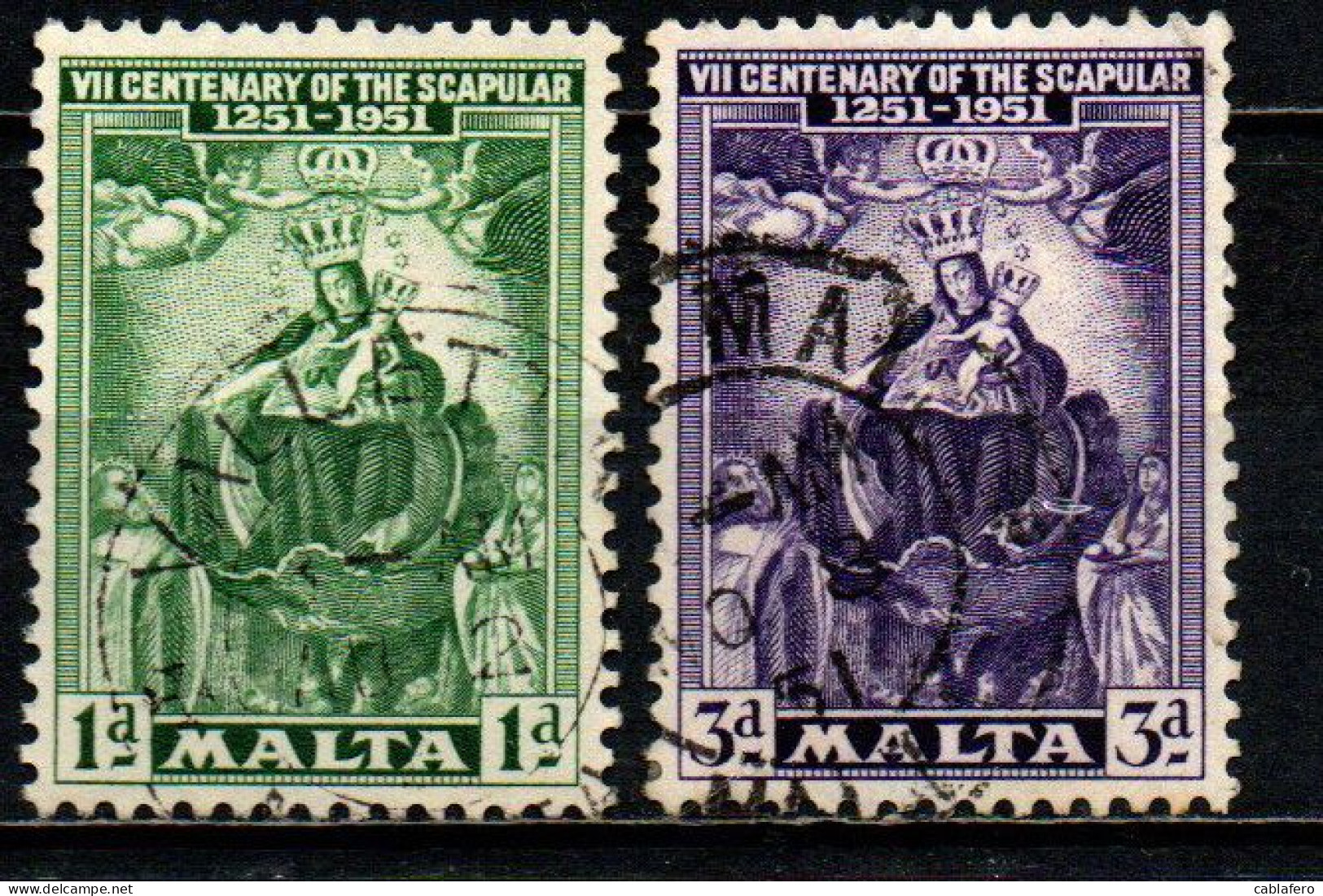 MALTA - 1951 - 7° CENTENARIO DELLO SCAPOLARE - MADONNA CON BAMBINO - USATI - Malte (...-1964)