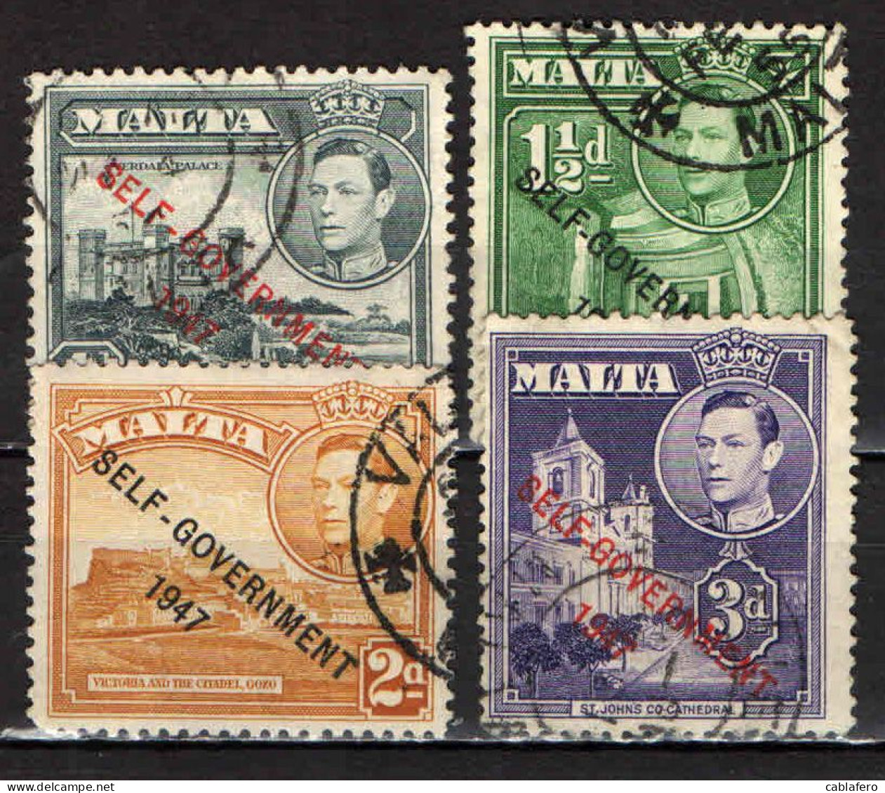 MALTA - 1953 - EFFIGIE DEL RE GIORGIO VI E VISTE DI MALTA - SOVRASTAMPATI "SELF GOVERNMENT 1947" - USATI - Malte (...-1964)