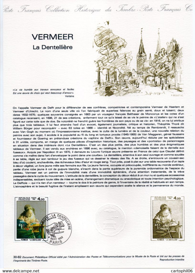 - Document Premier Jour VERMEER : La Dentellière - PARIS 4.9.1982 - - Autres & Non Classés