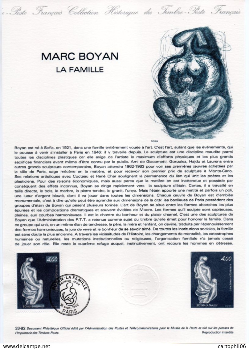 - Document Premier Jour MARC BOYAN : LA FAMILLE - PARIS 18.9.1982 - - Sculpture