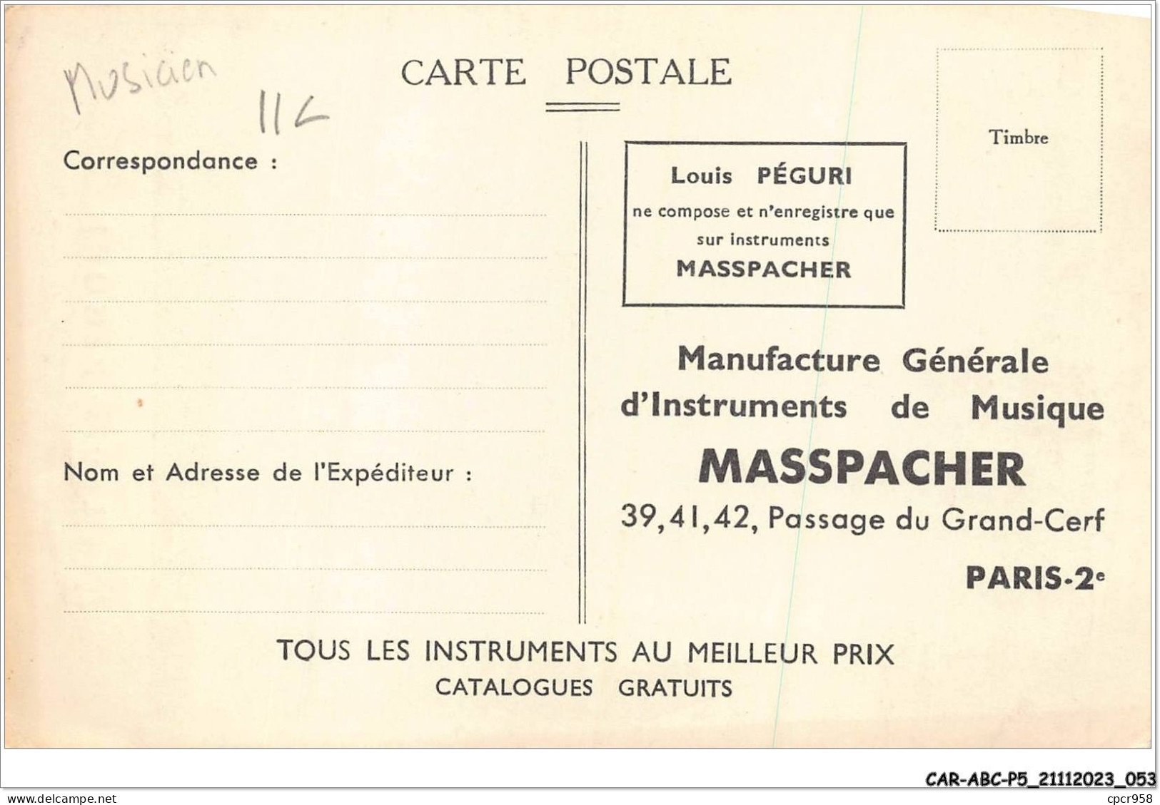 CAR-ABCP5-0423 - MUSICIEN - DISQUES CRISTAL - LOUIS PEGURI - Zangers En Musicus