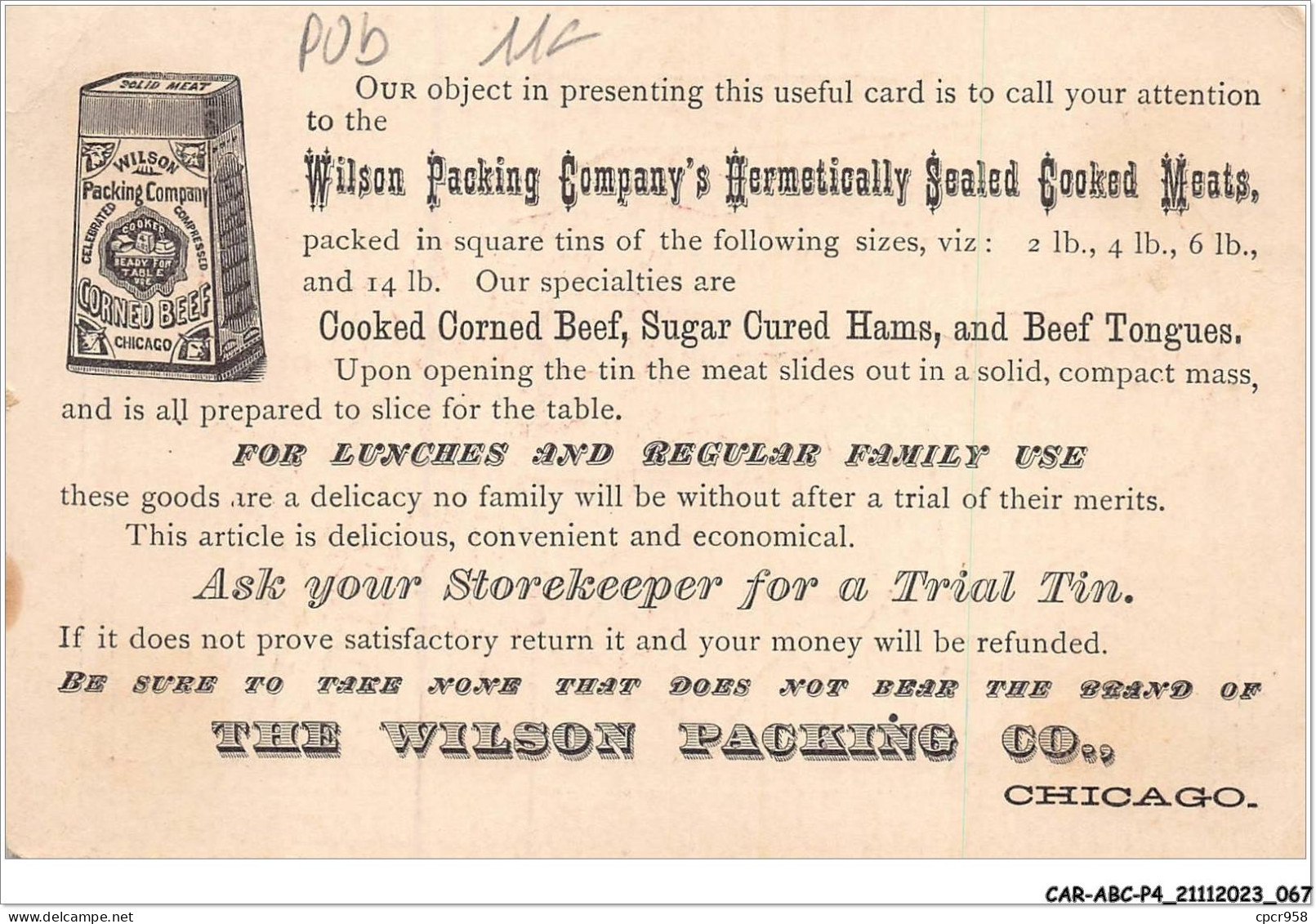 CAR-ABCP4-0333 - PUBLICITE - WILSON PACKING COMPANY'S - COOKED CORNED BEEF - HAM - AND BEEF TONGUE - Publicité