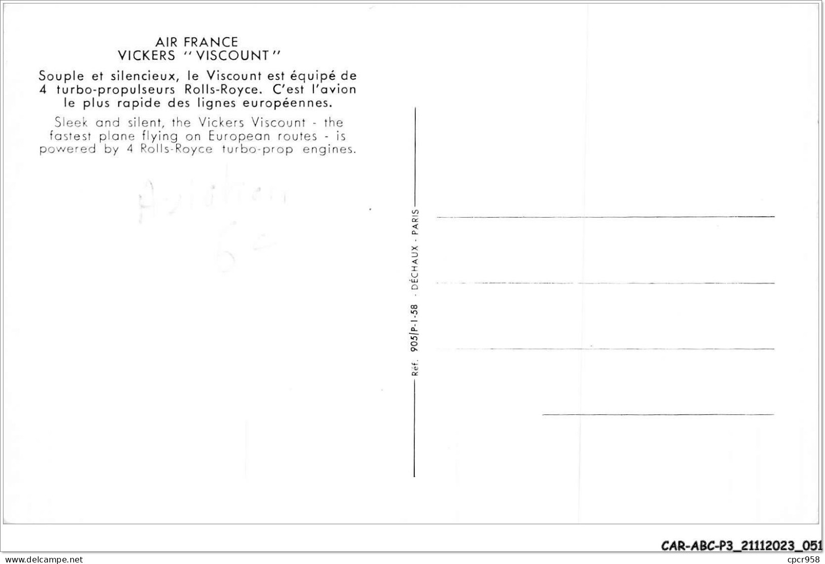 CAR-ABCP3-0209 - AVIATION - AIR FRANCE - VICKERS - VISCOUNT - SOUPLE ET SILENCIEUX  - Andere & Zonder Classificatie