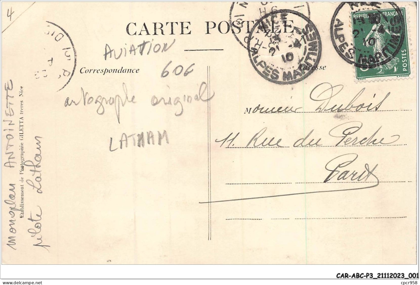 CAR-ABCP3-0184 - AVIATION - NICE - GRAND MEETING D'AVIATION - 10-25 AVRIL 1910 - AUTOGRAPHE ORIGINAL LATHAM - Meetings